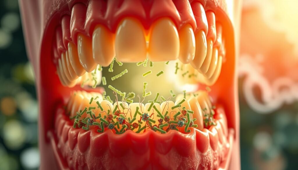 A balanced oral microbiome, depicted through a detailed cross-section of the human mouth. In the foreground, a vibrant array of beneficial bacteria thrive, forming a harmonious community. The middle ground showcases the intricate structures of teeth and gums, with a soft, natural lighting illuminating the scene. In the background, a blurred representation of the larger oral cavity provides context, conveying a sense of the microbiome's interconnectedness within the overall dental ecosystem. The image should exude a sense of equilibrium, highlighting the importance of maintaining a healthy oral microbiome.