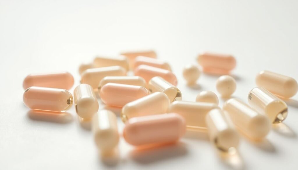A close-up of oral probiotics capsules or tablets on a clean, white surface, with a soft, natural lighting illuminating the scene. The capsules should appear fresh, high-quality, and visually appealing, showcasing the product's purity and effectiveness. The background should be minimalist, allowing the probiotics to be the central focus. Capture the capsules from a slightly elevated angle, creating a sense of depth and emphasizing the shape and details of the product. The overall mood should be one of clinical cleanliness, professionalism, and scientific credibility, reflecting the high-quality nature of the oral health supplement.