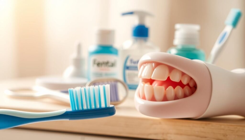 A close-up view of a freshly brushed set of teeth, sparkling and pristine, with a vibrant blue toothbrush and a tube of toothpaste in the foreground. In the middle ground, an array of dental care products including floss, mouthwash, and a dental mirror, all against a soft, out-of-focus background that evokes a sense of wellness and oral health. The lighting is warm and natural, creating a sense of cleanliness and well-being. The overall composition emphasizes the importance of a comprehensive oral hygiene routine, highlighting the various tools and products that contribute to optimal dental health.