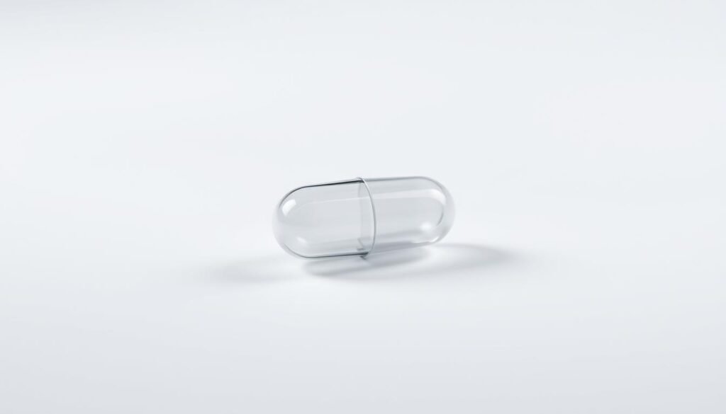 A close-up view of a revolutionary dental probiotic capsule against a clean, minimalist background. The capsule has a sleek, modern design and is illuminated by soft, diffused lighting, casting subtle shadows that highlight its three-dimensional form. The composition emphasizes the capsule's elegant simplicity, conveying a sense of scientific innovation and cutting-edge dental technology. The overall mood is one of clinical precision and forward-thinking advancements in oral health.