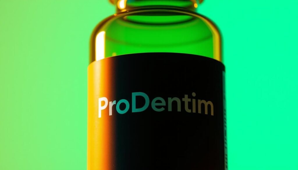 A high-quality, close-up photograph of a dietary supplement bottle or container with the label "ProDentim" prominently displayed. The bottle should be illuminated by warm, directional lighting, creating a soft, natural glow and highlighting the details of the product. The background should be a clean, simple solid color, allowing the supplement to be the central focus of the image. The overall composition should convey a sense of quality, professionalism, and the importance of oral health.